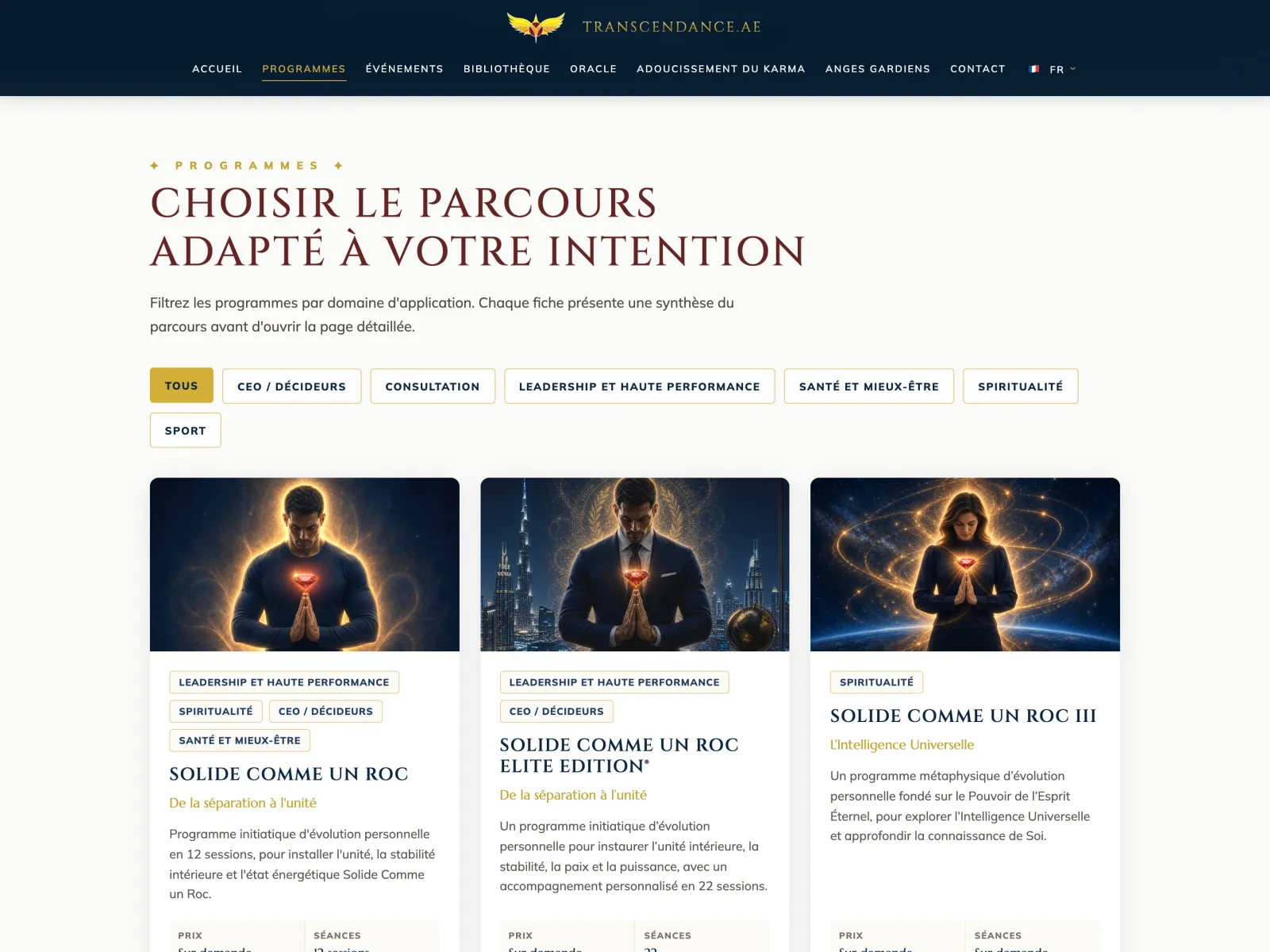 The Transcendance programme catalogue with filters by intention