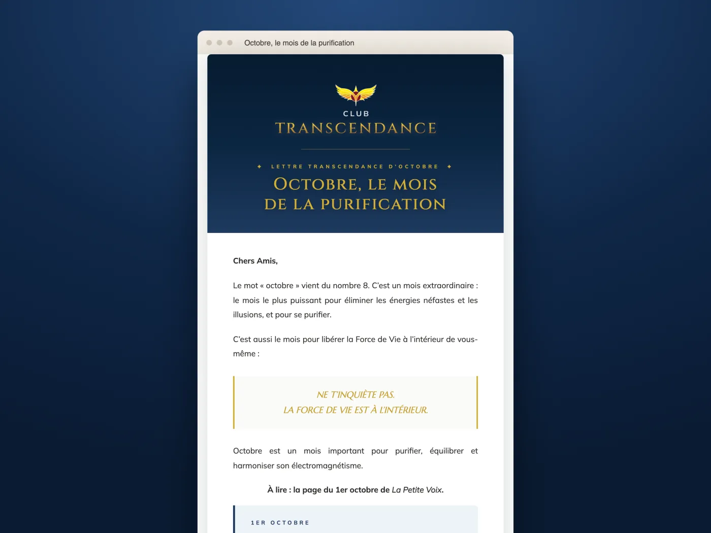 The October newsletter of Club Transcendance
