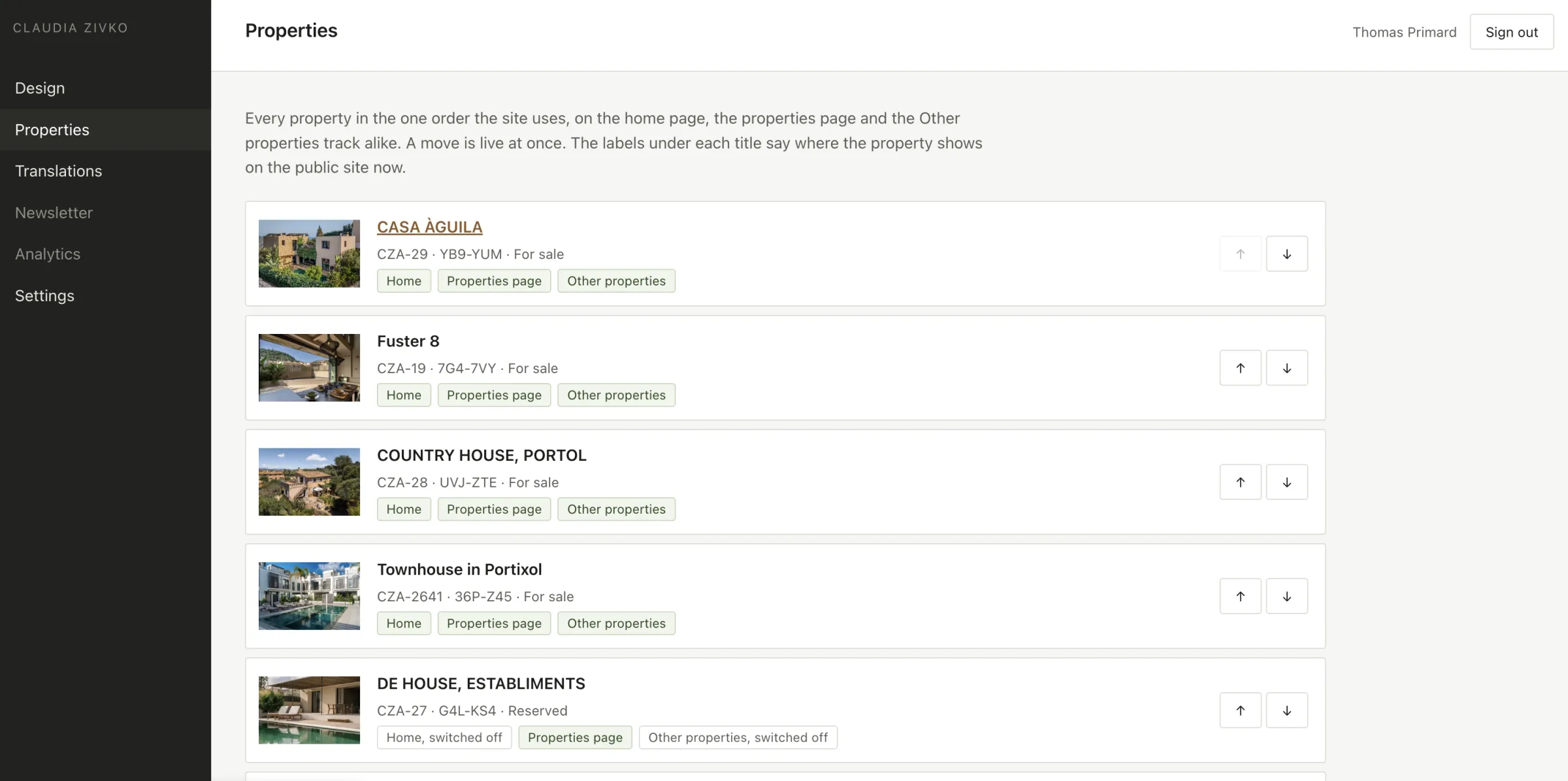 Admin dashboard: properties list with ordering and placement labels