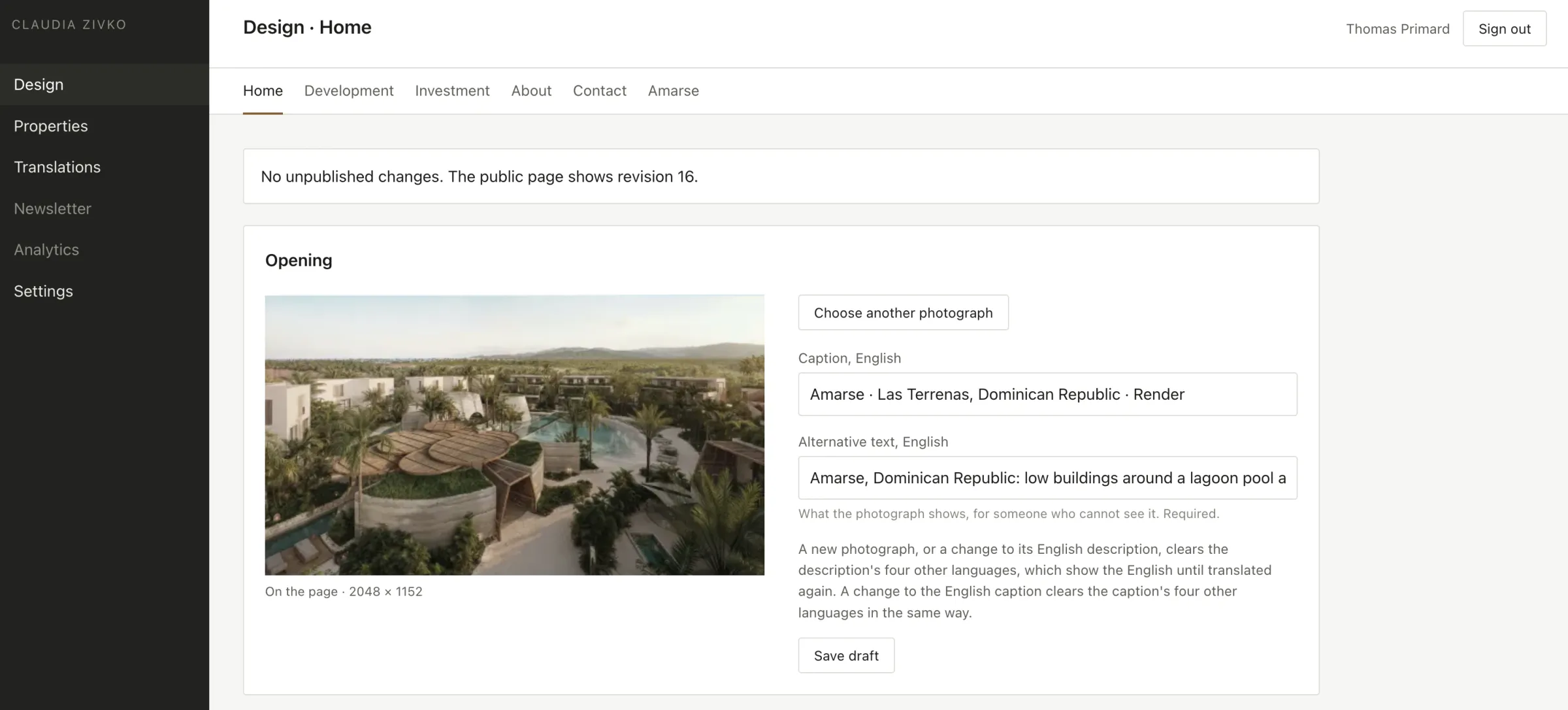 Admin dashboard: editing the home page opening photograph and captions