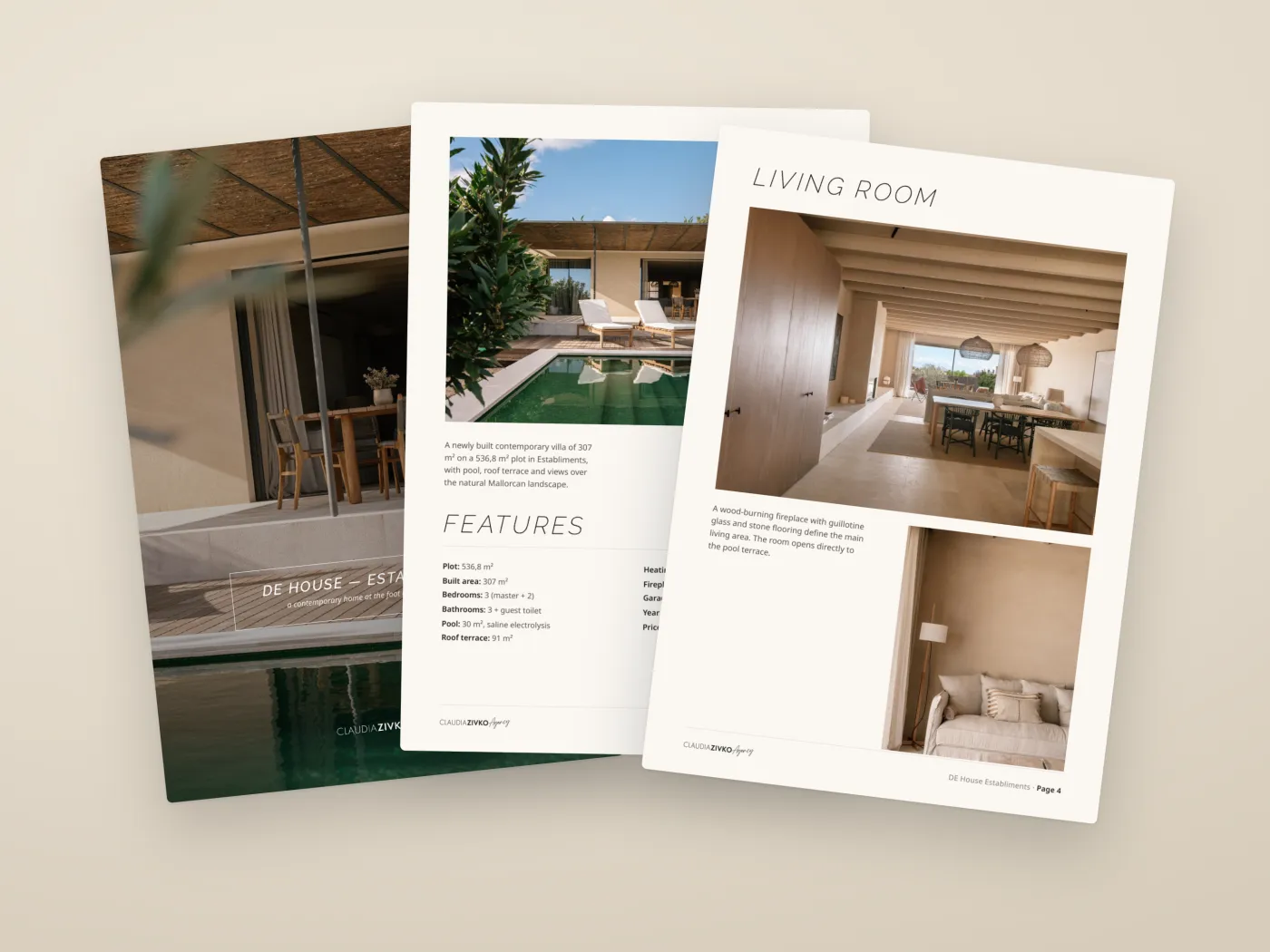 Three pages of the DE House PDF exposé